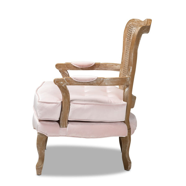 Baxton Studio Baxton Studio Vallea Traditional French Provincial Velvet Armchair with White-Washed Oak Frame Pink TSF7764-Light Pink-CC