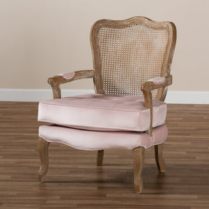 Baxton Studio Baxton Studio Vallea Traditional French Provincial Velvet Armchair with White-Washed Oak Frame Pink TSF7764-Light Pink-CC