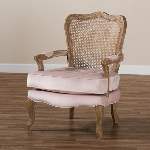 Baxton Studio Baxton Studio Vallea Traditional French Provincial Velvet Armchair with White-Washed Oak Frame Pink TSF7764-Light Pink-CC
