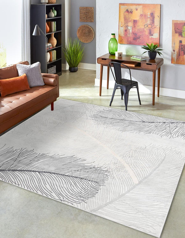 Unique Loom Finsbury Camilla Machine Made Botanical Rug Gray, Ivory/Beige 7' 10" x 7' 10"