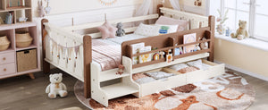 English Elm Twin Pine Floor Bed with Guardrails Built-in Bookcases and Stair Steps for Kids Beige W1580P430199