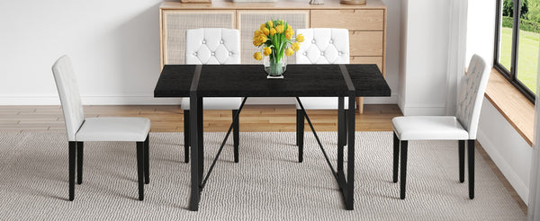 English Elm Black Faux Grain Mdf Table Set with Four White Pu Chairs Retro Minimalist Dining W1151S04372
