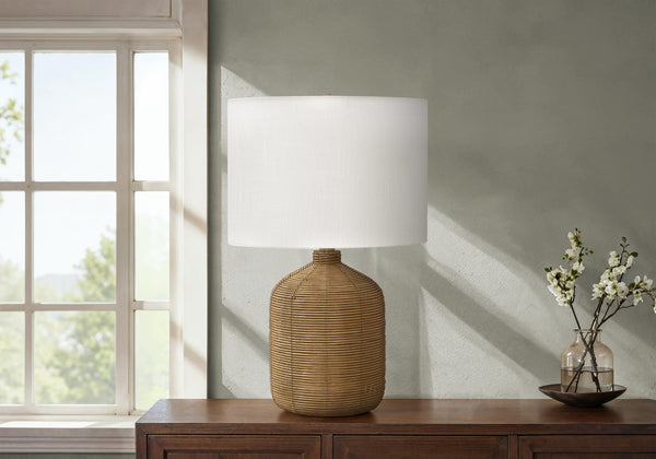 English Elm Lighting, Rattan Ginger Jar Table Lamp 23"H with Beige Drum Shade, 3-Way Dimmer, Brown Finish B2710P221326