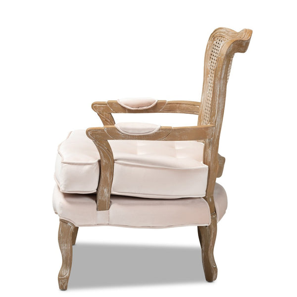 Baxton Studio Baxton Studio Vallea Traditional French Provincial Velvet Armchair with White-Washed Oak Frame Beige TSF7764-Light Beige-CC