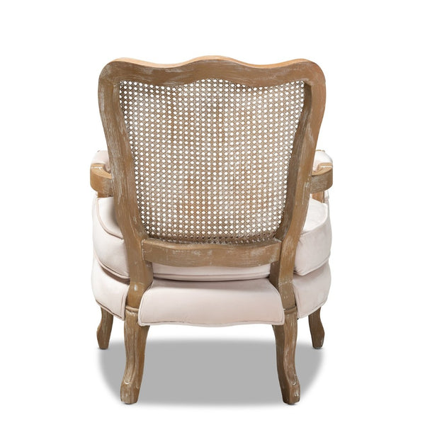 Baxton Studio Baxton Studio Vallea Traditional French Provincial Velvet Armchair with White-Washed Oak Frame Beige TSF7764-Light Beige-CC