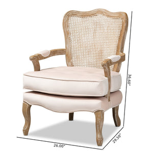 Baxton Studio Baxton Studio Vallea Traditional French Provincial Velvet Armchair with White-Washed Oak Frame Beige TSF7764-Light Beige-CC