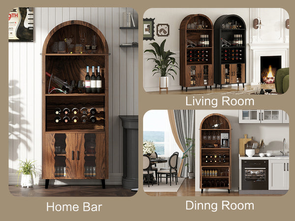 English Elm 71"Farmhouse Arched Wine Bar Cabinet with 15 Bottle Racks, 16 Glass Holders, Anti-Tip Safety for Living/Dining Brown Oak W2977P338256