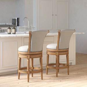 English Elm 26in. Wood High-back Swivel Barstool Farmhouse Style Nailhead Upholstered Kitchen Seat Oak B2751P436434