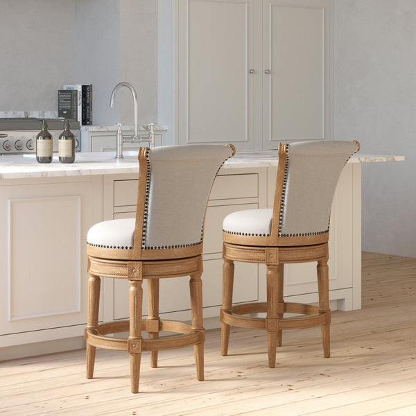 English Elm 26in. Wood High-back Swivel Barstool Farmhouse Style Nailhead Upholstered Kitchen Seat Oak B2751P436434