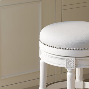 English Elm 26in. Faux Leather Swivel Barstool Nailhead Trim Carved Wood Counter Height Kitchen White B2751P436438