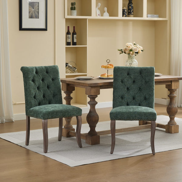 English Elm Upholstered Chenille Tufted Dining Chairs Set of 2 with Curved Wood Legs Club Style Olive Green W1143P457782