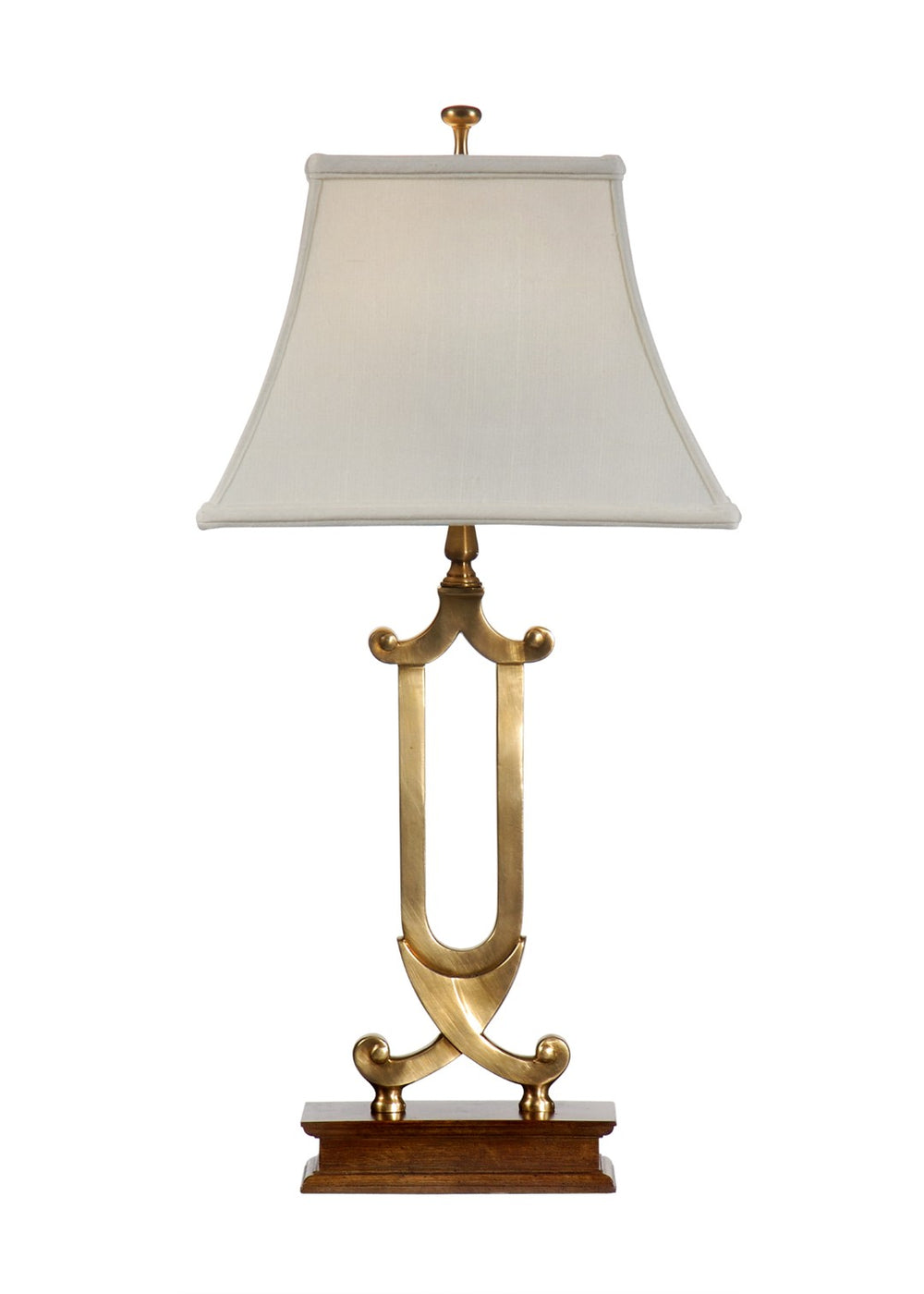 Wildwood Crossed Vintage-Style Scroll Lamp With Antique Brass & Walnut Accents, Sculptural Ambient Lighting 9497
