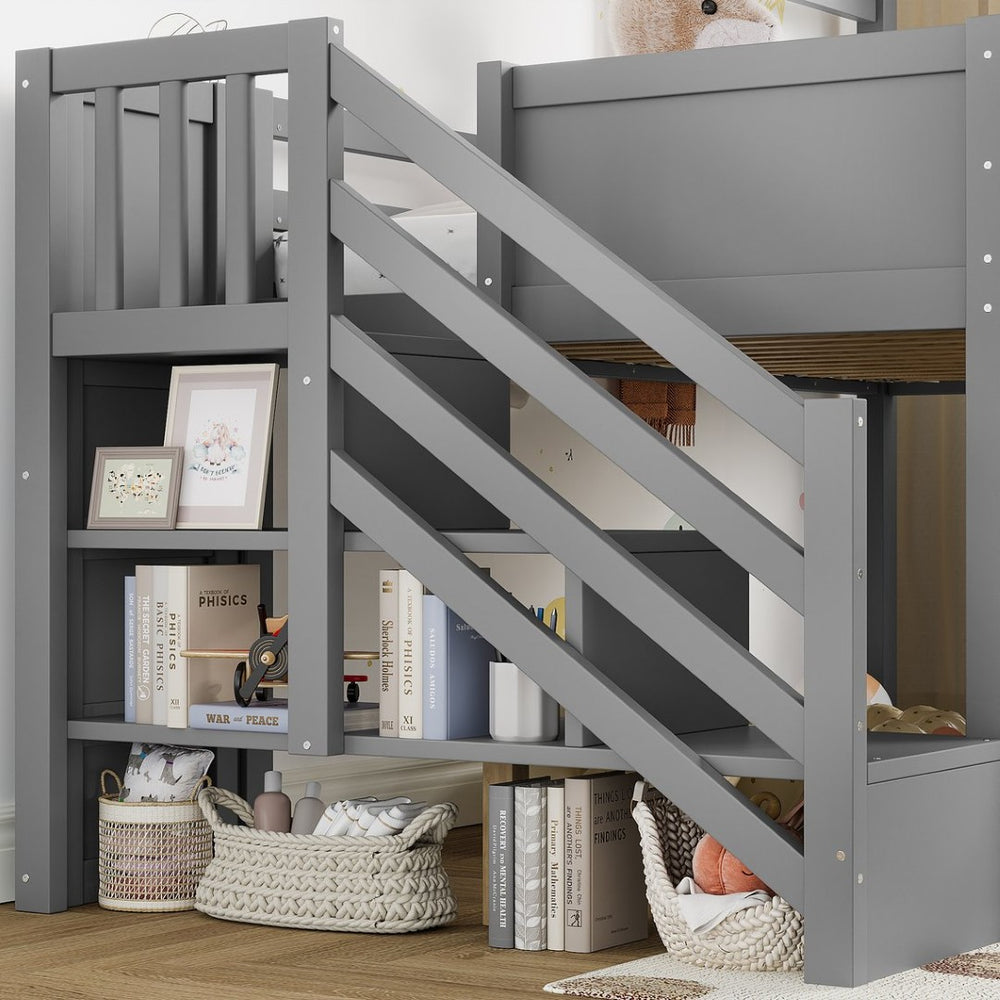 English Elm Full Size Metal Loft Bed with Stair Storage Shelves Bookshelf for Dorms Bedroom W1580S00396
