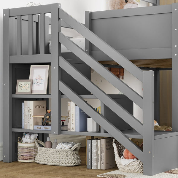English Elm Full Size Metal Loft Bed with Stair Storage Shelves Bookshelf for Dorms Bedroom W1580S00396