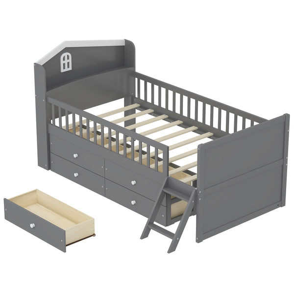 English Elm Twin Bed Frame with Storage Drawers and House Headboard, Kids Platform Bed with Guardrail Ladder and Shelf Gray 49.3 L x 16.25 W x 7.75 H N733S278032E