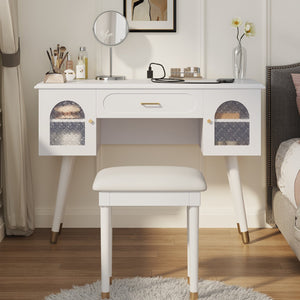 English Elm Elegant Vanity Makeup Table with Charging Station & Carved Glass Door, Sturdy Stool Included White N844P285188A