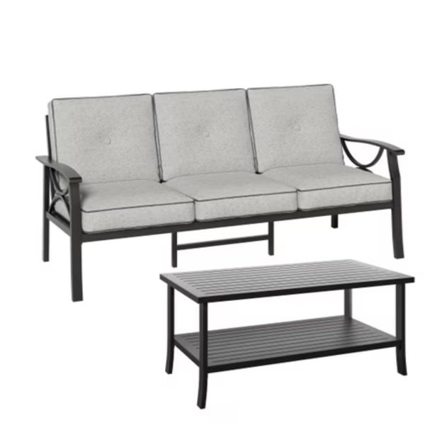 English Elm 3-piece Outdoor Steel Patio Conversation Set with Thick Cushions and Coffee Table Grey+Black B082S00134