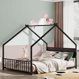 English Elm Twin House Bed Frame with Led Lights Iron Slats Low Profile Kids Bedroom W1820P234582