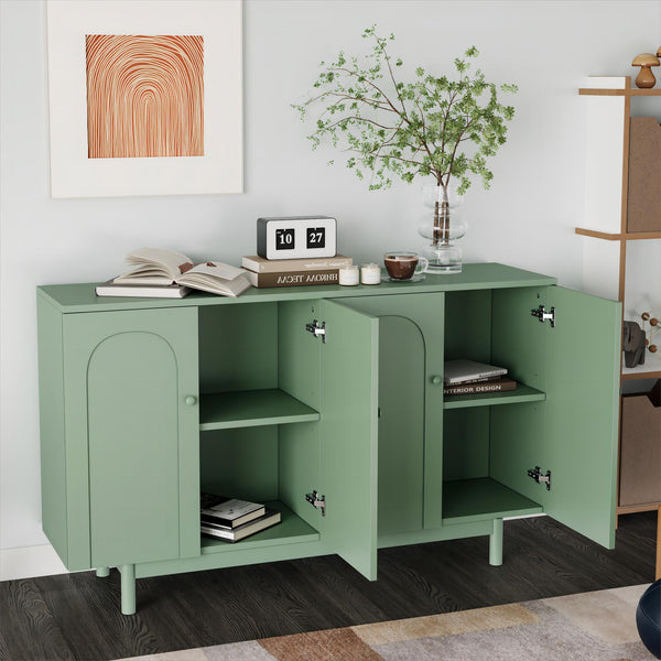 English Elm Stylish 4-Door Intaglio Storage Cabinet with Pine Legs and Solid Wood Pulls, Mid-Century Modern Console Mint Green W757P151918