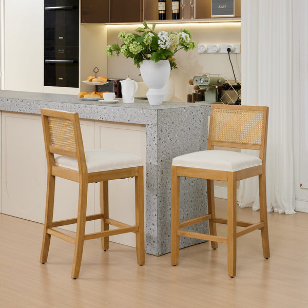 English Elm Full Solid Wood Rattan-Back Bar Stools Set Of 2 - Stylish Beige Cushions For Rustic Kitchen & Café W1143P384367