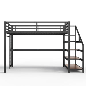English Elm Twin Xl Metal Loft Bed with Stair Storage Shelves Sturdy Steel Frame for Dorms W1580S00481