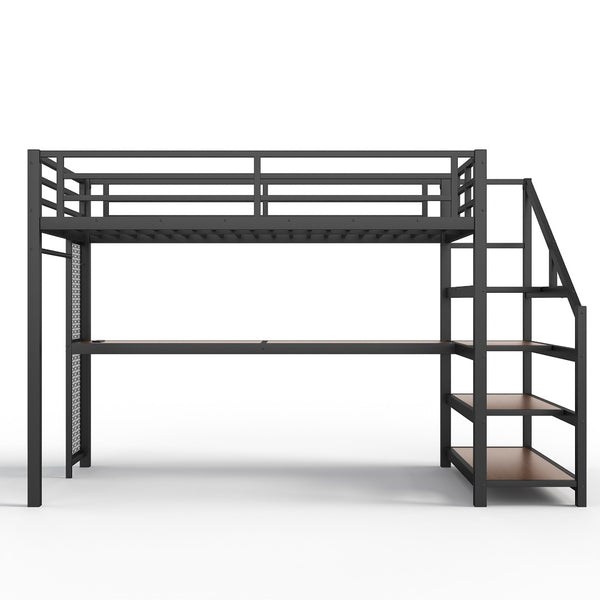 English Elm Twin Xl Metal Loft Bed with Stair Storage Shelves Sturdy Steel Frame for Dorms W1580S00481