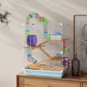 English Elm PawHut 5-Tier Hamster Cage with Tubes, Wheel & Accessories, Portable Handle, Safe Ventilated Home W2225P249991