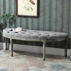 English Elm HOMCOM Vintage Semi-Circle Upholstered Entryway Bench with Tufted Velvet-Touch Seat and Rubberwood Legs Grey W2225P217020