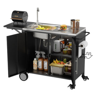 English Elm Outdoor Stainless Steel Grill Cart with Sink Foldable Top and Lockable Wheels W3190P426842
