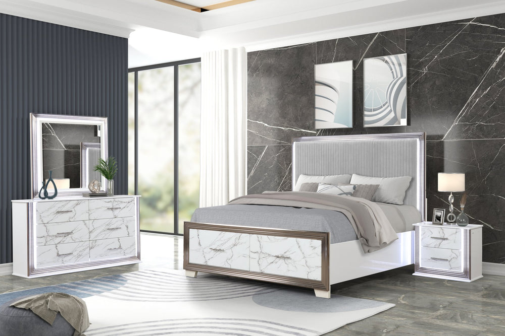 English Elm Desire Marble-Inspired Drawer Nightstand with LED Side Lighting, Metallic Trim, White Finish, Durable Build B009P309338