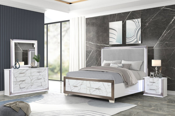 English Elm Desire Marble-Inspired Drawer Nightstand with LED Side Lighting, Metallic Trim, White Finish, Durable Build B009P309338