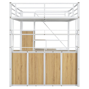 English Elm Full Size Metal Loft Bed with Desk, Storage Staircase, Wardrobe & Shelves — Space-Saving White GX002219AAK