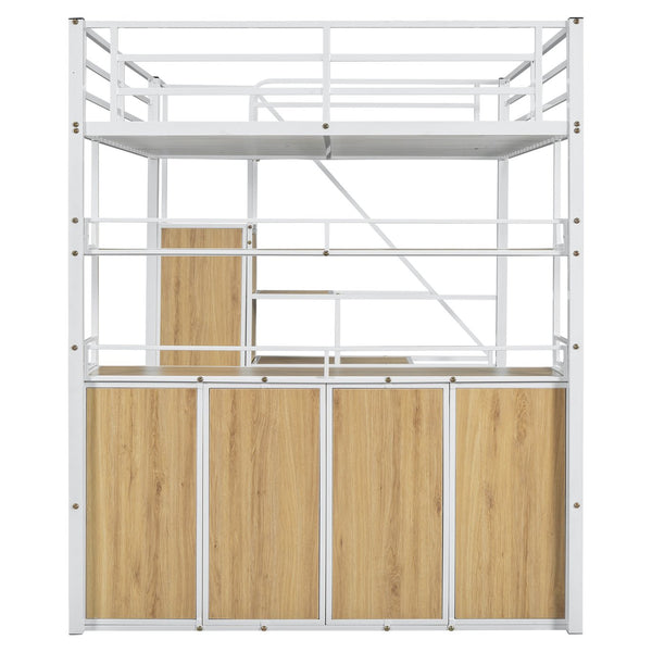 English Elm Full Size Metal Loft Bed with Desk, Storage Staircase, Wardrobe & Shelves — Space-Saving White GX002219AAK