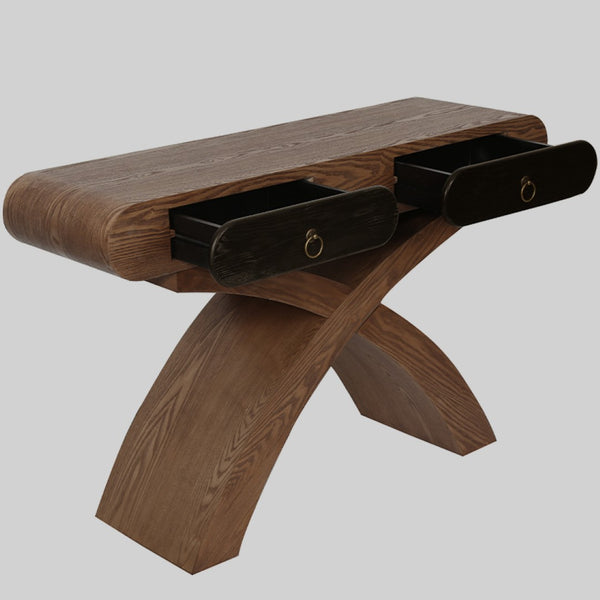English Elm Ashwood Veneered Console Table with X Frame Legs and Two Drawers for Entryway Halls W3040P455736