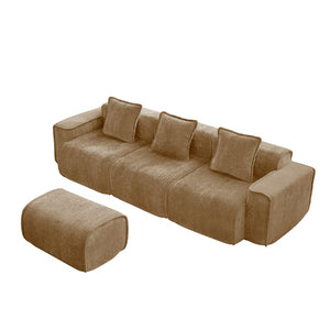 English Elm Streamlined Velvet L-shaped Sectional Sofa with Ottoman and Cloud Cushion Living Room Brown W3041S00373