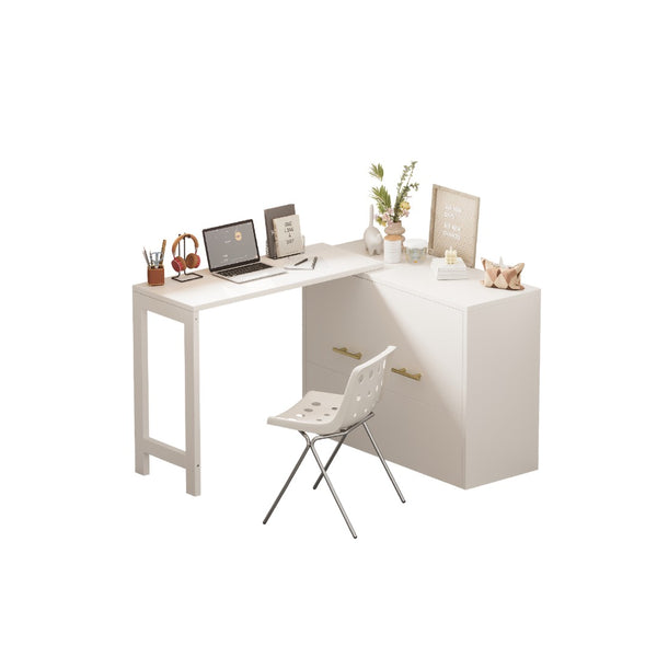 English Elm Twin Size Murphy Chest Bed With Foldable Cushion & Adjustable Desk - Space-Saving White Dresser Unit N733P272603W-GIGA