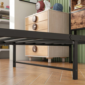 English Elm Twin Metal Platform Bed with Storage Headboard, USB Charging Station, Bookcase Shelves, Rustic Appeal W840P192226