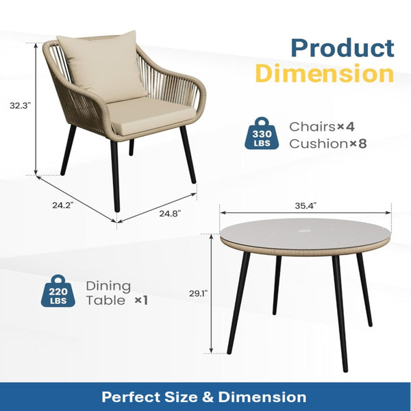 English Elm 5-piece Outdoor Wicker Patio Dining Set with Tempered Glass Table and Umbrella Hole Beige+Brown B082S00074