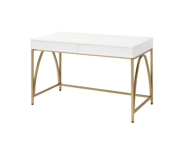 English Elm Lightmane White High Gloss Writing Desk with Gold Metal Legs, 2 Drawers, Sleek Modern Home Office Appeal B2726P305088