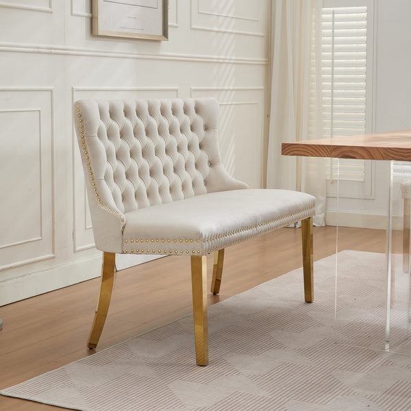 English Elm Velvet Mid-Century Double Dining Loveseat Bench with Hand-Tufted Buttons, Wingback Comfort, Luxe Seating Beige W1143P362522