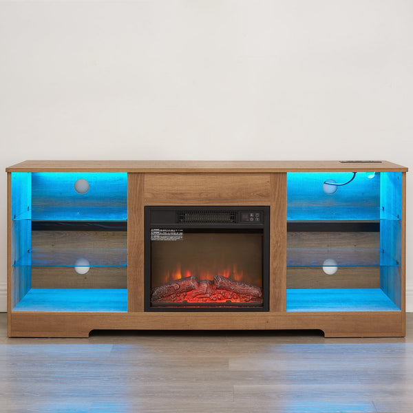 English Elm TV LED Fireplace TV Stand with Bluetooth LED Lights, Remote, USB Charging & Ample Storage, 58" Oak W2275P257558