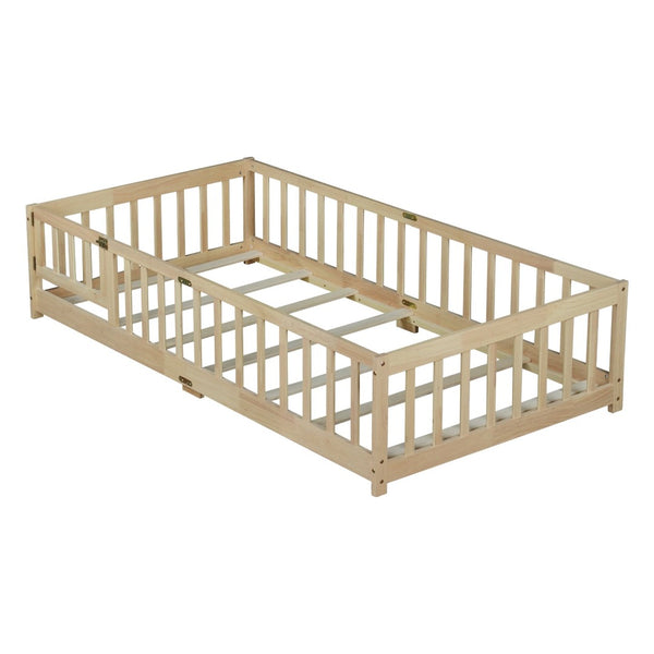 English Elm Twin Rubberwood Montessori Floor Bed with Safety Guardrails for Toddler Bedrooms W504P370521