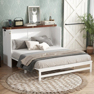 English Elm Murphy Cabinet Queen Bed Solid Pine Frame with Built-in Charging Station for Guest Rooms White+Walnut W504S00193