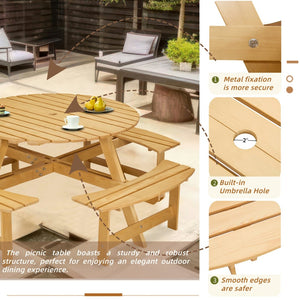 English Elm Outdoor 8 Person Round Picnic Table With 4 Benches, Umbrella Hole, Waterproof, Low Maintenance Set W2275P149764-GIGA