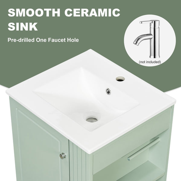 English Elm 20" Freestanding Bathroom Vanity Mdf Cabinet Ceramic Sink Open Shelves Powder Room Green N725P364210F