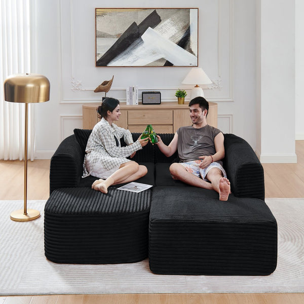 English Elm 114" Cloud Sectional Couch with L-Shape Chaise Modular Corduroy Sofa with Movable Ottoman, No Assembly Required, Plush Comfort for Living Spaces Black W1117P371650