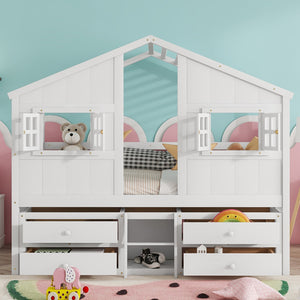 English Elm Full Size House Loft Bed With Roof & Windows, 4 Storage Drawers, Pine Wood, Safe Guardrails & Ladder W504S00242