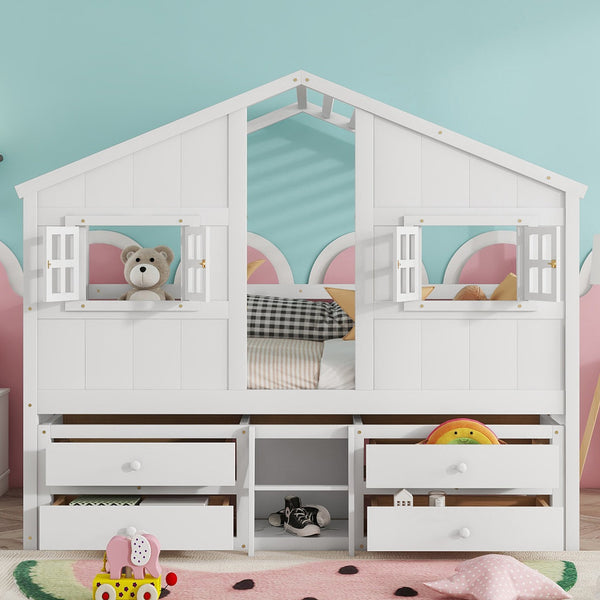 English Elm Full Size House Loft Bed With Roof & Windows, 4 Storage Drawers, Pine Wood, Safe Guardrails & Ladder W504S00242