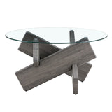 English Elm Round Glass Coffee Table, 33.4" Modern Design Unique Coffee Table. Tempered Glass Top With Grey Patterned Mdf Legs. Suitable For Living and Dining Rooms