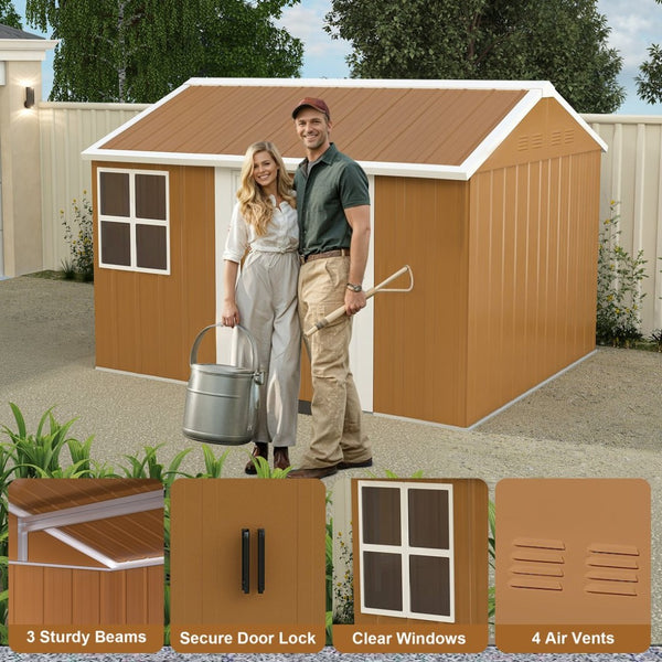 English Elm 8x10 Galvanized Steel Outdoor Storage Shed Windproof Ventilated Lockable Garden Tool House W2700S00062